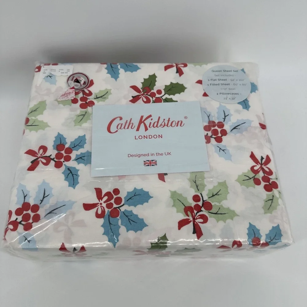 NEW Cath Kidston London Christmas Holly Queen Sheet Set‎ 6 Pc Holiday Cozy White